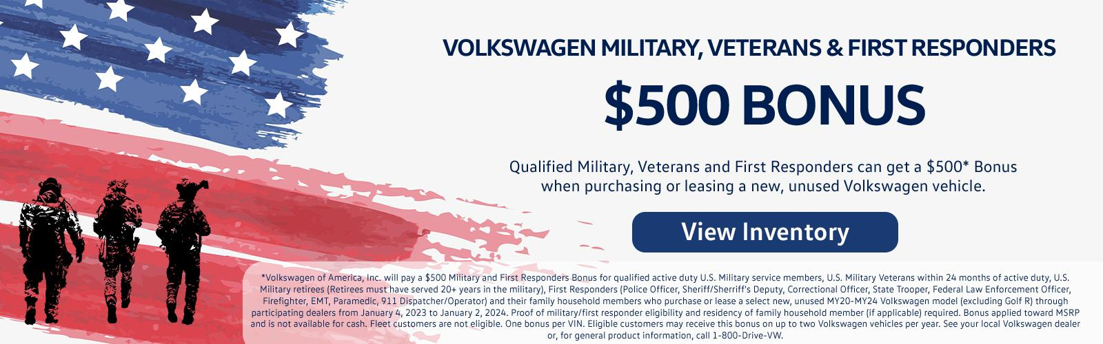 VW Military, Veterans, & First Responders $500 Bonus Cash