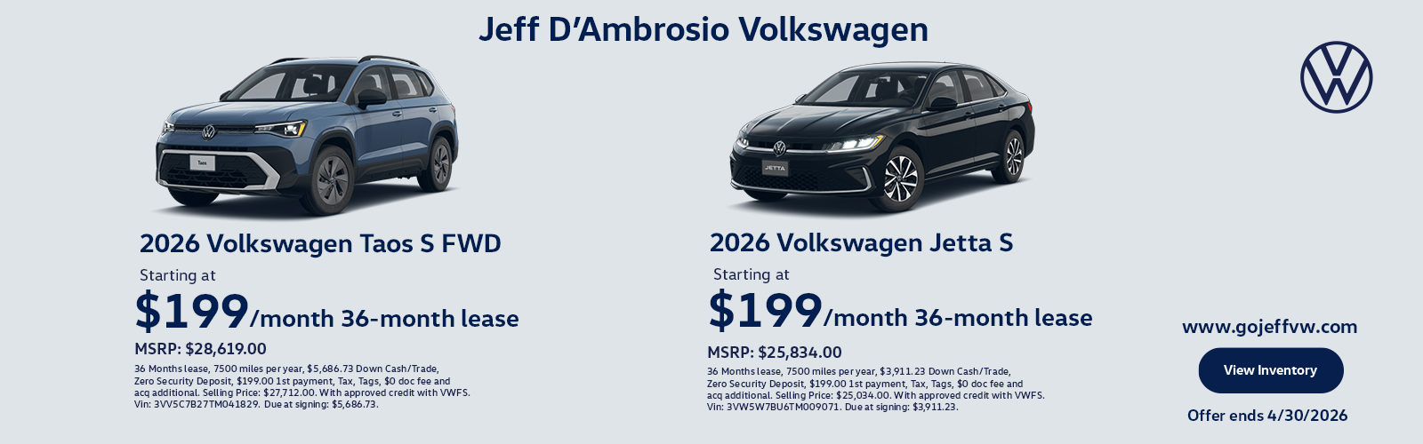 26 Taos and Jetta Lease